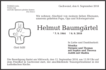 Traueranzeige von Helmut Baumgärtel von Rundschau Gaildorf