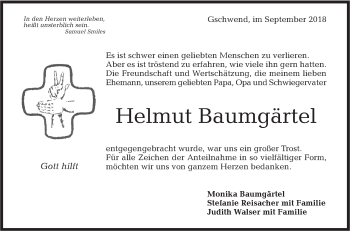 Traueranzeige von Helmut Baumgärtel von Rundschau Gaildorf