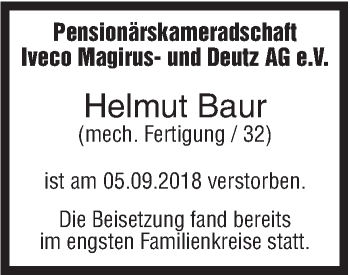 Traueranzeige von Helmut Baur von SÜDWEST PRESSE Ausgabe Ulm/Neu-Ulm