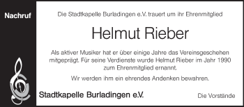 Traueranzeige von Helmut Rieber von Hohenzollerische Zeitung