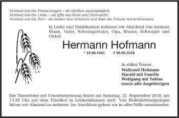 Traueranzeige von Hermann Hofmann von Hohenloher Tagblatt