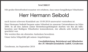 Traueranzeige von Hermann Seibold von Hohenloher Tagblatt