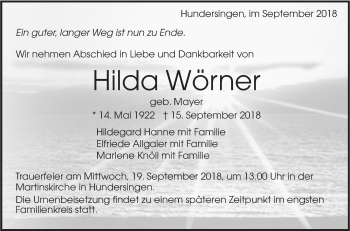 Traueranzeige von Hilda Wörner von Alb-Bote/Metzinger-Uracher Volksblatt