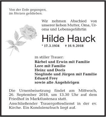 Traueranzeige von Hilde Hauck von Hohenloher Tagblatt