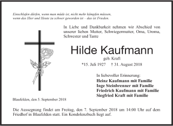 Traueranzeige von Hilde Kaufmann von Hohenloher Tagblatt