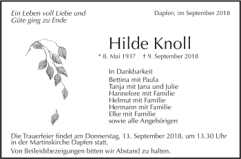 Traueranzeige von Hilde Knoll von Alb-Bote/Metzinger-Uracher Volksblatt