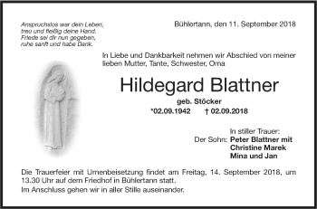 Traueranzeige von Hildegard Blattner von Haller Tagblatt