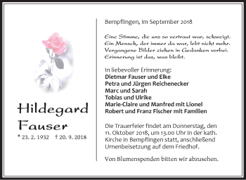 Traueranzeige von Hildegard Fauser von Metzinger-Uracher Volksblatt