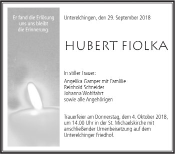 Traueranzeige von Hubert Fiolka von SÜDWEST PRESSE Ausgabe Ulm/Neu-Ulm