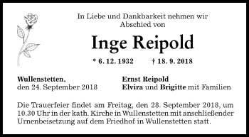 Traueranzeige von Inge Reipold von SÜDWEST PRESSE Ausgabe Ulm/Neu-Ulm