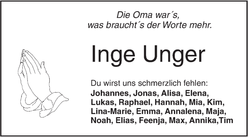  Traueranzeige für Inge Unger vom 14.09.2018 aus Illertal Bote