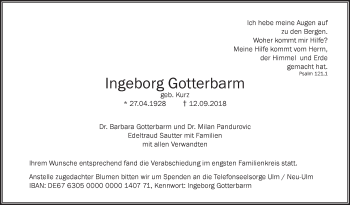 Traueranzeige von Ingeborg Gotterbarm von SÜDWEST PRESSE Ausgabe Ulm/Neu-Ulm