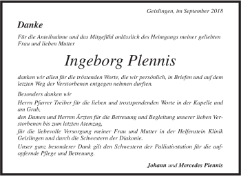 Traueranzeige von Ingeborg Plennis von Geislinger Zeitung