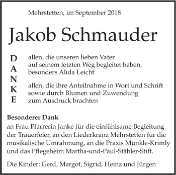 Traueranzeige von Jakob Schmauder von Alb-Bote/Metzinger-Uracher Volksblatt