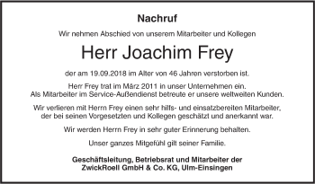 Traueranzeige von Joachim Frey von SÜDWEST PRESSE Ausgabe Ulm/Neu-Ulm