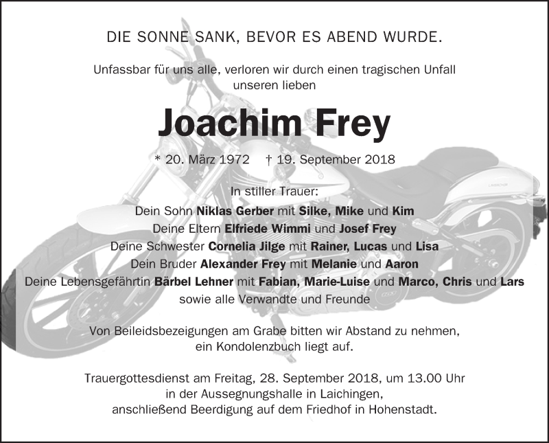  Traueranzeige für Joachim Frey vom 27.09.2018 aus Geislinger Zeitung