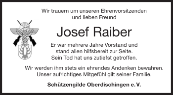 Traueranzeige von Josef Raiber von SÜDWEST PRESSE Ausgabe Ulm/Neu-Ulm