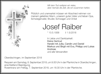 Traueranzeige von Josef Raiber von Ehinger Tagblatt