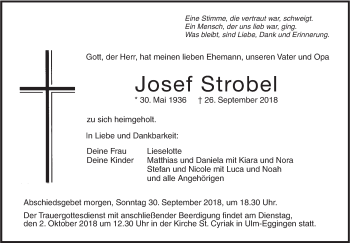 Traueranzeige von Josef Strobel von SÜDWEST PRESSE Ausgabe Ulm/Neu-Ulm