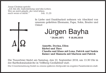 Traueranzeige von Jürgen Bayha von Haller Tagblatt