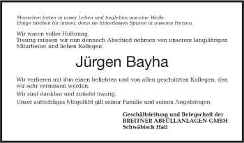 Traueranzeige von Jürgen Bayha von Haller Tagblatt