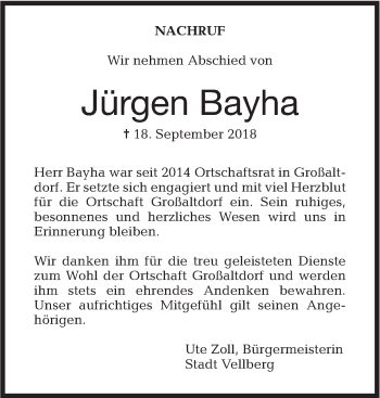 Traueranzeige von Jürgen Bayha von Haller Tagblatt