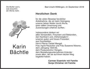 Traueranzeige von Karin Bächtle von Metzinger-Uracher Volksblatt