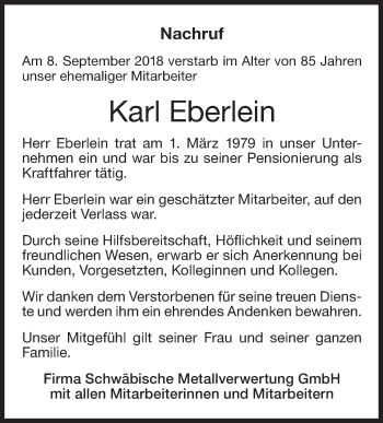 Traueranzeige von Karl Eberlein von NWZ Neue Württembergische Zeitung