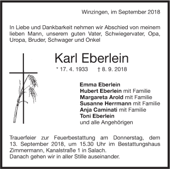 Traueranzeige von Karl Eberlein von NWZ Neue Württembergische Zeitung