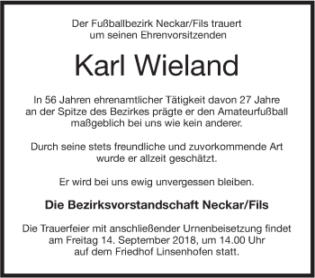 Traueranzeige von Karl Wieland von NWZ Neue Württembergische Zeitung