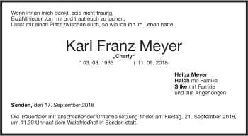 Traueranzeige von Karl Franz Meyer von SÜDWEST PRESSE Ausgabe Ulm/Neu-Ulm