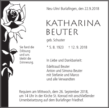 Traueranzeige von Katharina Beuter von SÜDWEST PRESSE Ausgabe Ulm/Neu-Ulm