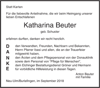 Traueranzeige von Katharina Beuter von SÜDWEST PRESSE Ausgabe Ulm/Neu-Ulm