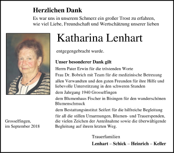 Traueranzeige von Katharina Lenhart von Hohenzollerische Zeitung