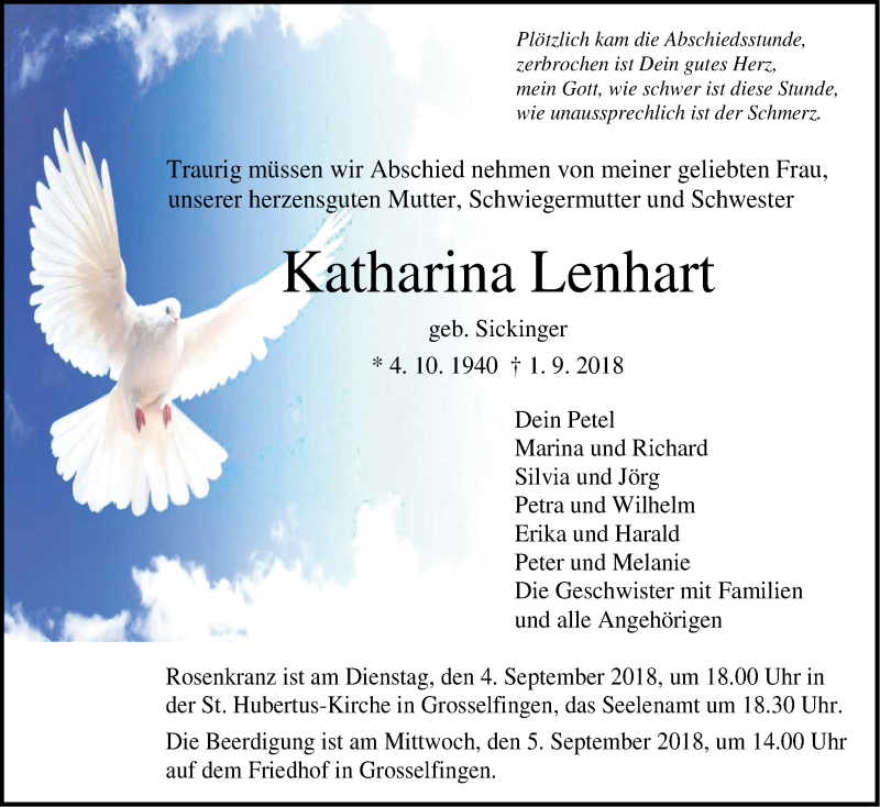  Traueranzeige für Katharina Lenhart vom 03.09.2018 aus Hohenzollerische Zeitung