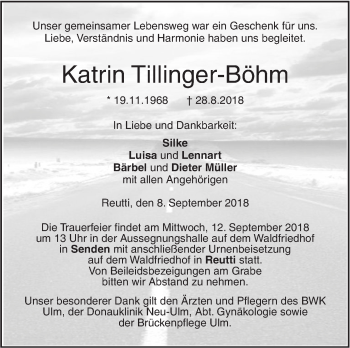 Traueranzeige von Katrin Tillinger-Böhm von SÜDWEST PRESSE Ausgabe Ulm/Neu-Ulm