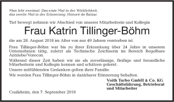 Traueranzeige von Katrin Tillinger-Böhm von Hohenloher Tagblatt