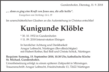 Traueranzeige von Kunigunde Klöble von Metzinger-Uracher Volksblatt