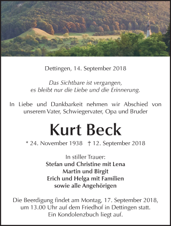 Traueranzeige von Kurt Beck von Metzinger-Uracher Volksblatt