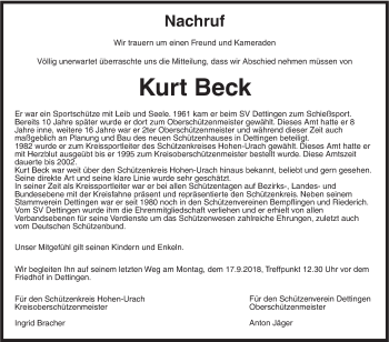 Traueranzeige von Kurt Beck von Metzinger-Uracher Volksblatt