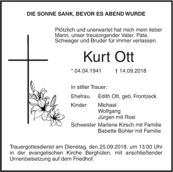 Traueranzeige von Kurt Ott von SÜDWEST PRESSE Ausgabe Ulm/Neu-Ulm