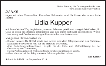 Traueranzeige von Lidia Kupper von Haller Tagblatt