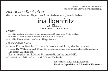 Traueranzeige von Lina Ilgenfritz von Hohenloher Tagblatt