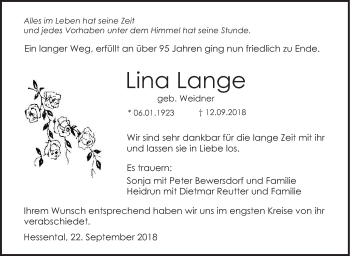 Traueranzeige von Lina Lange von Haller Tagblatt