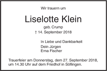 Traueranzeige von Liselotte Klein von SÜDWEST PRESSE Ausgabe Ulm/Neu-Ulm