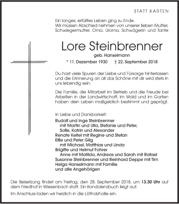 Traueranzeige von Lore Steinbrenner von Hohenloher Tagblatt