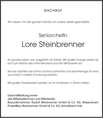 Traueranzeige von Lore Steinbrenner von Hohenloher Tagblatt