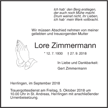 Traueranzeige von Lore Zimmermann von SÜDWEST PRESSE Ausgabe Ulm/Neu-Ulm