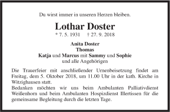 Traueranzeige von Lothar Doster von SÜDWEST PRESSE Ausgabe Ulm/Neu-Ulm