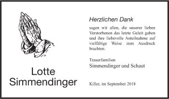 Traueranzeige von Lotte Simmendinger von Hohenzollerische Zeitung